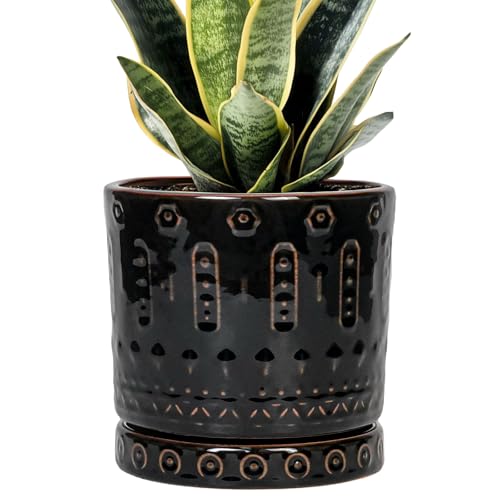 Eightpot Ceramic Plant Pots - 6 Inch Ceramic Planter for Indoor Outdoor, Round Flower Pots with Drainage Hole and Plant Saucer, Boho Decorative Small Planter, House Decor, Gifts for Gardeners, Black - color: Black, size: 6 Inch