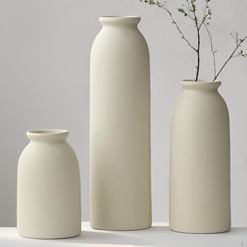 10.4 inches Tall Decorative Ceramic Vase Set, 3 Pieces, 10 inches Nordic Modern Style, White, Farmhouse Home Boho Shelf Decor(Beige L) - color: Standard Beige