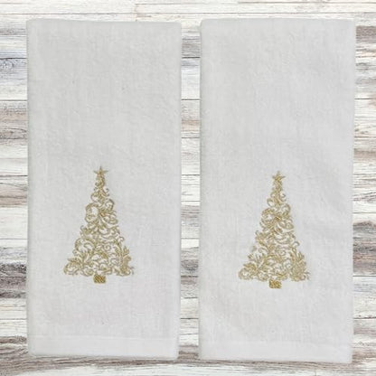 Decorative Christmas Theme Towel Set: Luxury Bathroom Plush Velour Cotton Hand Towels of Gold Embroidered Tree, Set of 2 - color: Gold Tree