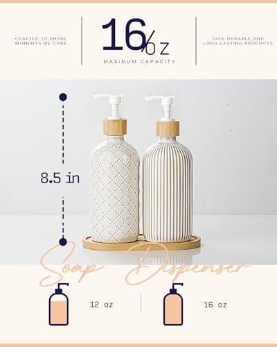 Getstar Hand and Dish Soap Dispenser Set, Ceramic Soap Dispenser for Bathroom and Kitchen with Rust Proof Pump and Bamboo Tray, Set of 2