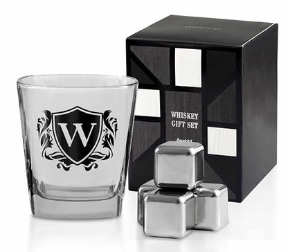 Whisky Gifts for Men, Personalized Initial Whiskey Glass with Whiskey Stones for Dad, Boyfriend, Best Friends, Coworkers, Husband, Brother, Uncle and Boss on Father's Day, Boss Day and Birthday - W - color: W