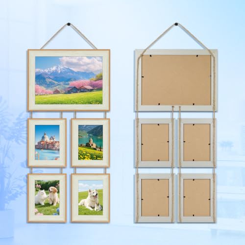 8.5x10 & 4x6 Picture Frame Hanging Wall Collage Picture Frame Set, Holds 1 Large 8.5x10 and 4 Small 4x6 Photos, 5 Openings Wall Picture Frame for Home Deor - color: Yellow and White