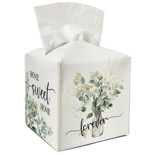 Eucalyptus Leather Tissue Holder with Bottom Belt for Women Housewarming Gift Watercolor Tissue Box Cover Bathroom Car Nightstand Vanity Kitchen Decor Waterproof Napkin Organizer Dispenser - FS709 - color: Green 04
