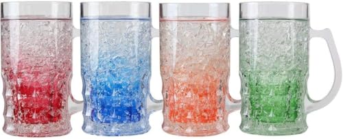 Lily's Home Insulated Double Wall Gel-Filled Acrylic Frosted Freezer Beer Glasses, Great for Enjoying Brews at BBQs and Parties, Clear with Assorted Color Bases (14 oz. Each, Set of 4) - Mug Shape - style: Mug Shape(14oz)