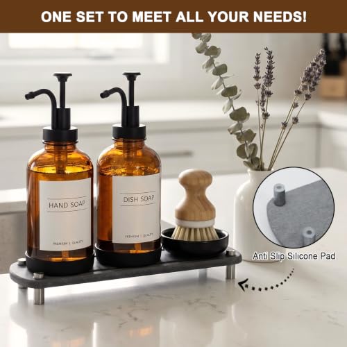 Kitchen Soap Dispenser, 16.9 oz/500 ml Amber Soap Dispenser, Hand and Dish Soap Dispenser Set, Dish Brush, Refillable, for Daily Kitchen Cleaning