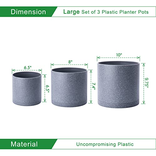 D'vine Dev 3-Pack Plastic Pots, 6.5/8/10 in, Speckled Gray, 74-V-G-4 | Multi-Size Options, Lightweight Durable, Matte Finish, Cylinder Shape, Drainage Holes, Sleek Design, Detachable Saucer - color: Speckled Gray, size: Large