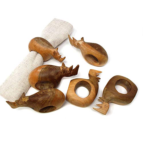 Handcarved Mahogany Wooden Napkin Ring Holders, Rhino, Set of 6 (KWF012_R) - color: Rhino