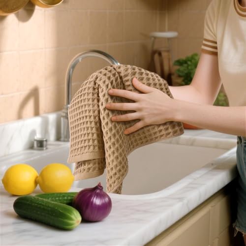 Waffle Bathroom Hand Towels 2-Piece (Tan) – Cotton, Soft, Lightweight | Lint Free, 13” x 29” - color: Tan