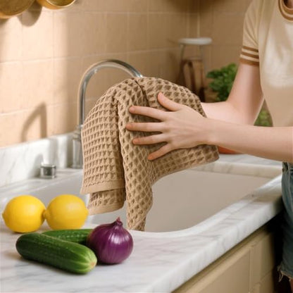 Waffle Bathroom Hand Towels 2-Piece (Tan) – Cotton, Soft, Lightweight | Lint Free, 13” x 29” - color: Tan