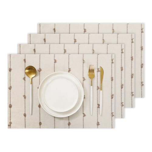 Boho Placemats 13 x 19 Set of 4 for Dining Table Decor Khaki Beige | Durable Fabric,Woven Cloth Place Mats for Farmhouse Rustic Kitche Home Decor,Cotton Placemats,Table mats - size: Set of 4