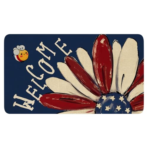4th of July Door Mat,Daisy Bee American Flag Indoor Outdoor Non-Slip Patriotic Summer Doormat,Entryway Front Porch Fourth of July Independence Day Welcome Door Mats for Entrance Decor 30" x 17" - color: Daisy Bee