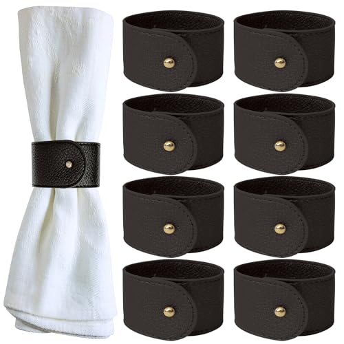 Luxury Leather Napkin Rings Set of 8, Black, Morgan Faux style, Modern Cuff Design for Wedding Party Decorations, Kitchen, Holiday Table ,Rust Proof,Hotel, Home, Table Accessories, Dining