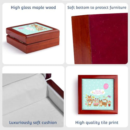 3dRose Cute Baby Wild Animals Typography On Blue Polkadots -You Are Loved Jewelry Box 7 x 7 inch with 4 inch tile