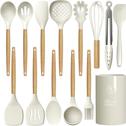 oannao Silicone Cooking Utensils Set - 446°F Heat Resistant Silicone Kitchen Utensils for Cooking,Kitchen Utensil Spatula Set w Wooden Handles, BPA FREE Gadgets for Non-Stick Cookware (Khaki) - color: Khaki