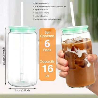 Mason Jar Cups with Lids and Straws, 16 oz Reusable Plastic Tumblers for Whisky, Soda, Tea, Juice, Beer, Coffee, Milk Tea, Gifts, 6 Pack (Clear Blue, Purple, Green) - color: Clear Blue, Purple, Green