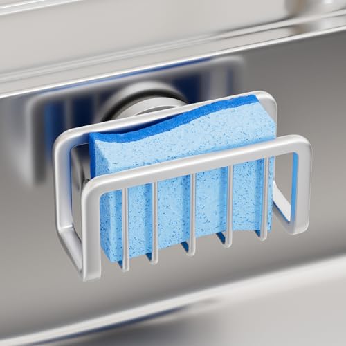 TAILI Sink Caddy with Strong Suction Cup, Sponge Holder for Kitchen-Silver | Sponge Caddy for Kitchen Sink Oganizer, Removable Rustproof Aluminum Sponge Holder for Dish Brush, Scraper, Scrubber - color: Silver, size: 5.1" x 2.3"