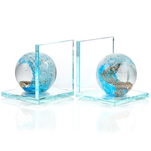 Glass Book Ends with Light Blue Glass Hand Blown Sea Wave Ball, Set of 2 | Book Ends for Shelves Decorative, Cool, Crystal, Nautical, Ocean, Heavy, Coastal Bookends - color: Light Blue