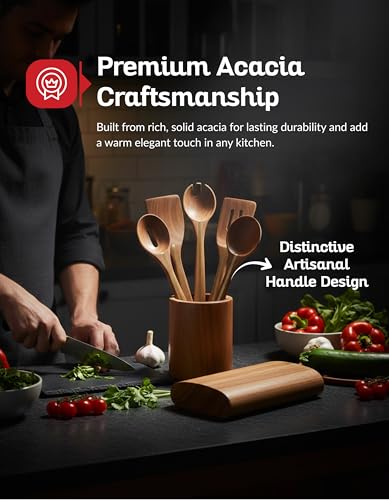 Acacia Utensil Set of 5 with Holder – Premium Wooden Cooking Utensils, Eco Friendly Acacia Wood Spatula & Spoon Set, Nonstick Safe Kitchen Tools - color: Acacia Classic Kitchen Set