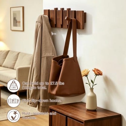 Coat Rack Wall Mount, Walnut 5 Flip-Down Picket Hanger Hooks for Entryway | Heavy Duty 5 Hook Wall Hanger for Coats, Hats, Keys, Bags, Space Saving Hallways Bedroom Bathroom Mounting, Hardware Included - size: 5 Hooks