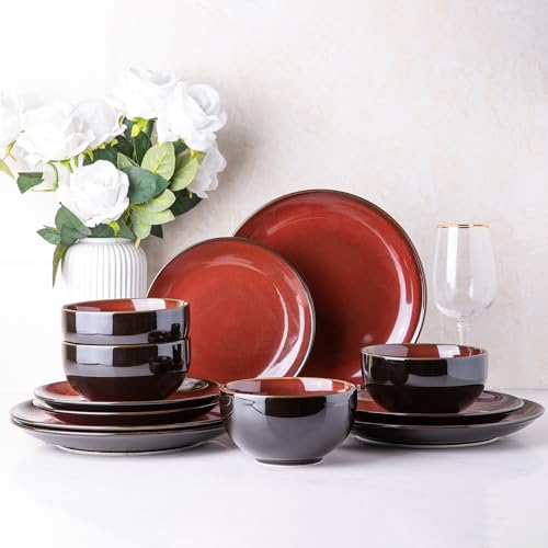LERATIO Ceramic Dinnerware Sets for 4,12Pcs Stoneware Plates and Bowls Set | Handmade Reactive Glaze Ceramic Dishes Set,Oven & Microwave,Dishwasher Safe,Scratch Resistant-Green - color: Dreamy Moonlight-Red, size: Service for 4-12pcs