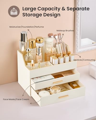 Lolalet Makeup Organizer for Vanity Desk, 3-Layer PU Leather Luxury Make Up Storage Cosmetics Holder Box with Drawers -Beige - size: 3-Layer