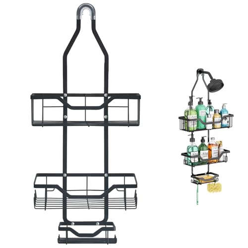 Shower Caddy Hanging, Rustproof Shower Organizer with Soap Basket and 12 Hooks, Large Capacity Anti-Swing Bathroom Organizer, Black