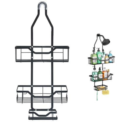 Shower Caddy Hanging, Rustproof Shower Organizer with Soap Basket and 12 Hooks, Large Capacity Anti-Swing Bathroom Organizer, Black