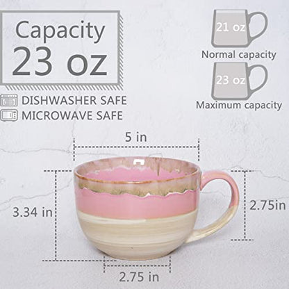Ceramic Jumbo Coffee Mug Set of 2, 23 Oz, Large Mug Soup Bowls with Handles, Dishwasher and Microwave Safe (Pink) - color: Pink