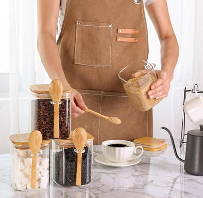 ComSaf Glass Container with Spoon & Lid 0.8 Qt, 4 Pack Glass jar with spoon | Coffee and Sugar Container Set, Coffee Bar, Salt Jar, Bamboo Lid with Silicone Seal, 27oz Canister, Spice,Seasoning, BPA Free - size: 0.8Qt*4