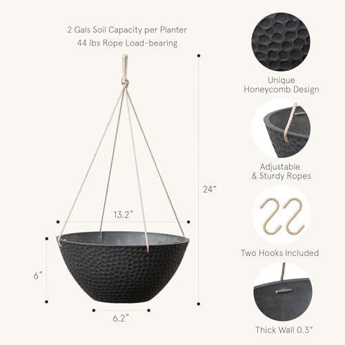 LA JOLIE MUSE Hanging Planters for Outdoor Plants, Large Hanging Planter with Drain Holes, Outdoor Hanging Flower Pots, Matte Black, Honeycomb (13.2 Inch, Set of 2) | Matte Black Finish, Hanging Baskets and Flower Pots for Outdoor Plants, Decorative Outdo