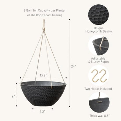 LA JOLIE MUSE Hanging Planters for Outdoor Plants, Large Hanging Planter with Drain Holes, Outdoor Hanging Flower Pots, Matte Black, Honeycomb (13.2 Inch, Set of 2) | Matte Black Finish, Hanging Baskets and Flower Pots for Outdoor Plants, Decorative Outdo