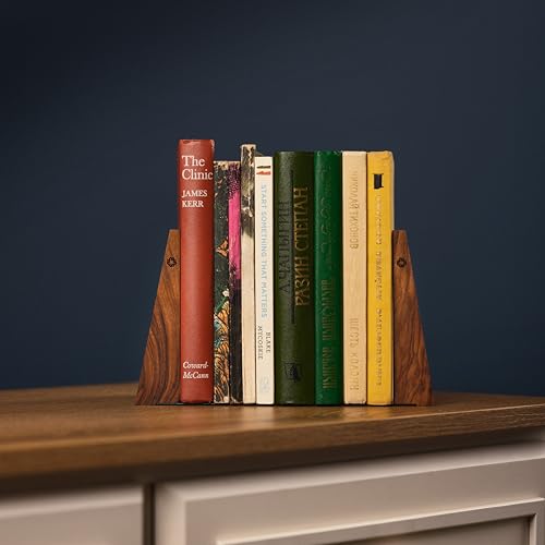 TILISMA Walnut Bookends for Shelves | Wooden Book Ends for Shelves | Sturdy Book Holders, Stoppers with Metal Base for Bookshelves | Slick Decorative Bookends Stands Firmly on Bookshelf (Pair)
