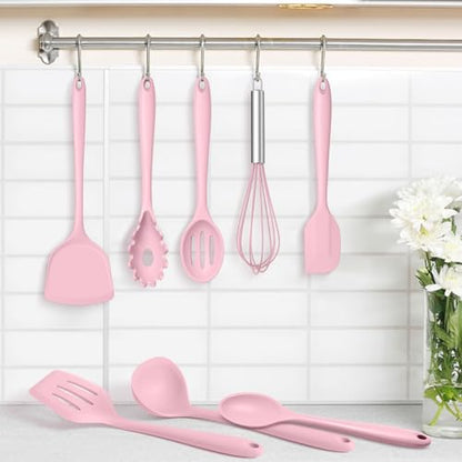 TeamFar Silicone Cooking Utensils Set, 8 PCS Kitchen Utensils Set, Pink | 446°F Heat Resistant Turner, Spatula, Spoon, Whisk, Kitchen Cooking Gadgets Tools, for Nonstick Cookware, Dishwasher Safe - color: Pink
