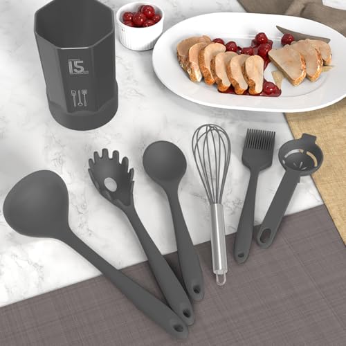 AOTHOD Silicone Cooking Utensils Set - 446°F Heat Resistant Kitchen Utensils,Spatula Sets,Turner Tongs,Spoon,Kitchen Utensil Gadgets Tools Set for Nonstick Cookware,Dishwasher Safe BPA Free (Gray) - color: Gray