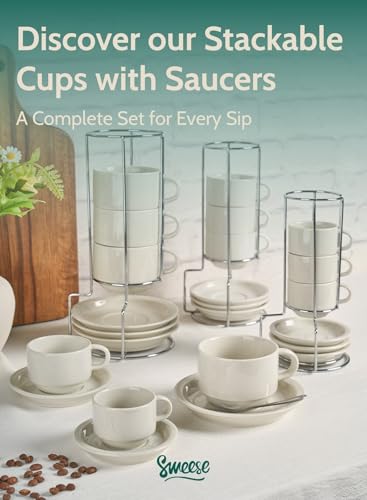 Sweese Porcelain Espresso Cups Set, 2.5 oz, with Saucers, Metal Stand, Stackable - Dove Grey, 4 Pack - color: Dove Grey, size: 2.5 Ounces