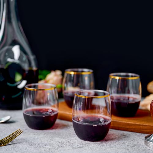 FOCUSLINE 32 Pack 12 OZ Plastic Wine Glasses, Stemless Disposable Wine Cups, Gold Rim Unbreakable Wine Glasses, Reusable Shatterproof Recyclable and BPA-Free Plastic Wine Cups - color: 12OZ-32-Gold Rim