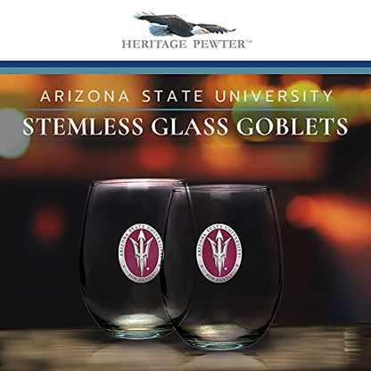 Heritage Pewter Arizona State ASU Sun Devils Stemless Glass Goblets – Set of 2 | 15 OZ Goblet Wine Glasses | Expertly Crafted Pewter Glass - style: Arizona State Fork ER