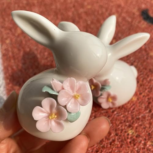 Set of Mini Ceramic Rabbit Figurines, Porcelain Easter Bunny Decorations for Home, Tabletop Ornament, Tea Ceremony Pet (2-Flower)