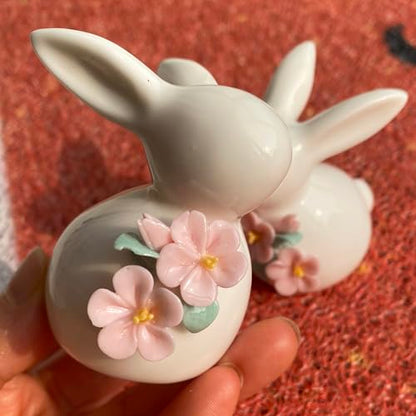 Set of Mini Ceramic Rabbit Figurines, Porcelain Easter Bunny Decorations for Home, Tabletop Ornament, Tea Ceremony Pet (2-Flower)