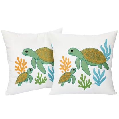 Moukeren 2 Pcs Summer Sea Turtle Throw Pillow Cover 18x18 Inch Green Turtle Embroidered Decorative Pillow Cases Beach Ocean Themed Square Cushion Cover for Sofa Couch Bedroom Decor Gift - style: Sea Turtle