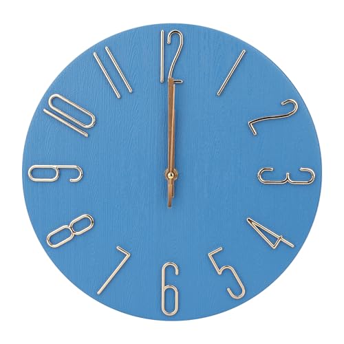 Wall Clock 12 Inch Silent Non-Ticking Imitation Wood Indoor Clock Round Blue Decor Clock Modern 3D Figures Quartz Wall Clocks for Home, Hotel, Office, School, Bedroom, Living Room, Kitchen - color: Blue