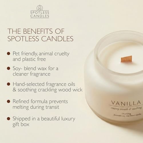Vanilla Volcano Candle 19oz: 80-Hour Burn, Creamy Smooth Vanilla Scent, Hybrid Soy Wax, Crackling Wood Wick, Cream Matte Glass Jar, Gold Foil Gift Box by Spotless Candles - color: Vanilla 19, size: 19oz