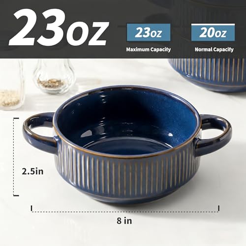 Soup Bowls with Handles, 23 oz French Onion Soup Crocks, Stackable Soup Bowl Oven Safe for Chili, Beef Stew, Embossment Ceramic Bowl Set - 5.4 Inch, Set of 4,Blue - color: Blue