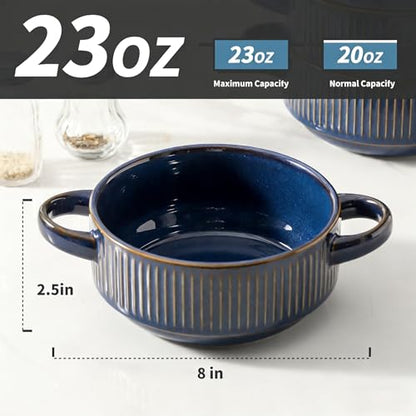 Soup Bowls with Handles, 23 oz French Onion Soup Crocks, Stackable Soup Bowl Oven Safe for Chili, Beef Stew, Embossment Ceramic Bowl Set - 5.4 Inch, Set of 4,Blue - color: Blue