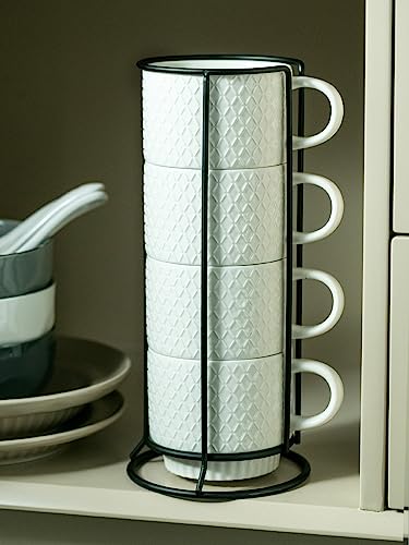 LYEOBOH Stackable Coffee Mugs with Rack, 13 oz Ceramic Coffee Mug Set of 4 with Stand, Latte Cup with Spoon, Cappuccino Cups for Hot Cocoa, Milk, White - color: White
