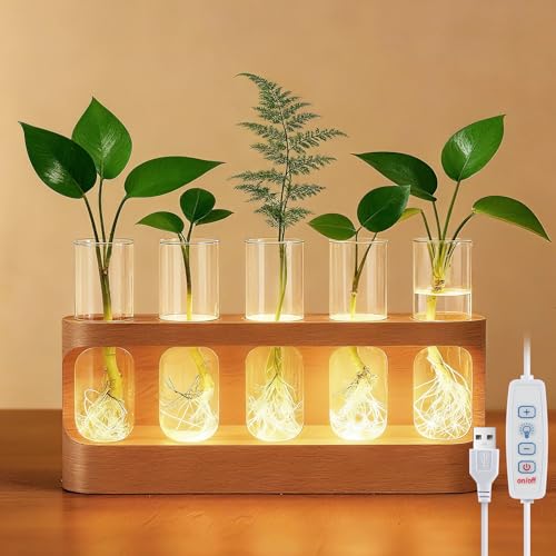 Tigvio Plant Propagation Station with 9-Level Dimmable LED Light | 5 Glass Test Tube Vases, Wooden Stand for Hydroponic Plants, Gardening Gift for Women & Plant Lovers & Home Decor
