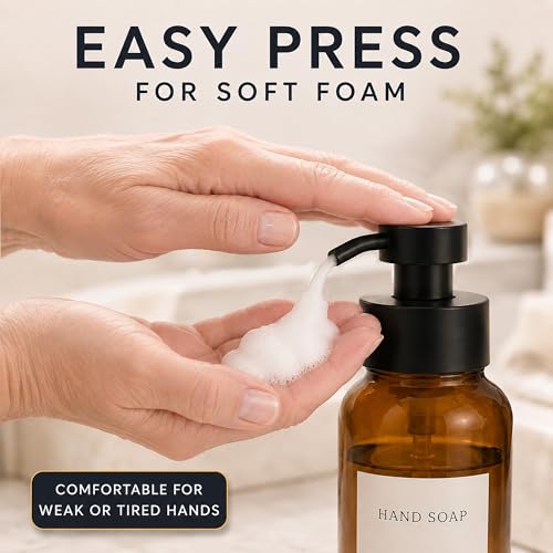 2 Pcs Amber Glass Foaming Soap Dispenser with Pump, 8.5 oz Bottles | Refillable Soap Dispensers for Hand Wash, Dish Liquid, Shampoo, Gel - Rich Foam with Every Press, for Bathrooms and Kitchens