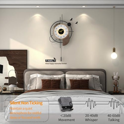 FLEBLE Large Wall Clock Decorative with Voice and Light Sensor Night Light | Glow in The Dark Silent Battery Operated Metal Pendulum Wall Clock for Kitchen Office Bedroom Living Room Decor, 14.9*29inch - size: 14.9*29inch