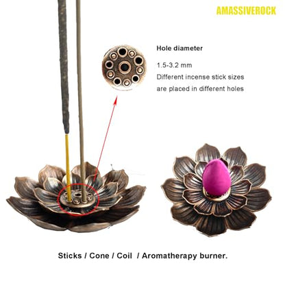 MASSIVEROCK Cone and Stick Incense Holder - Brass Ash Catcher with Waterfall Backflow - Meditation Yoga Decor for Home
