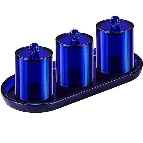 SheeChung 3 PCS Qtip Holder Bathroom Set with Tray, Acrylic Apothecary Jars | Blue Qtip Dispenser with Lid and Labels, Bathroom Qtip Holder Set for Cotton Ball, Cotton Swab 1 Pack Bathroom Vanity Tray - color: Blue